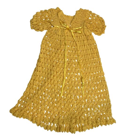 Mustard Yellow Crochet Lace Ribbon Bow Button Christening Gown Formal Dress - Picture 1 of 8